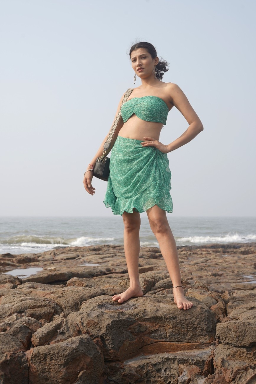 Green Bralette and short skirt