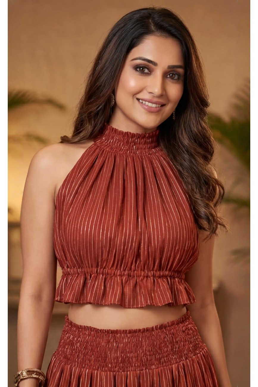 Helter high - neck crop top with side slit maxi skirt