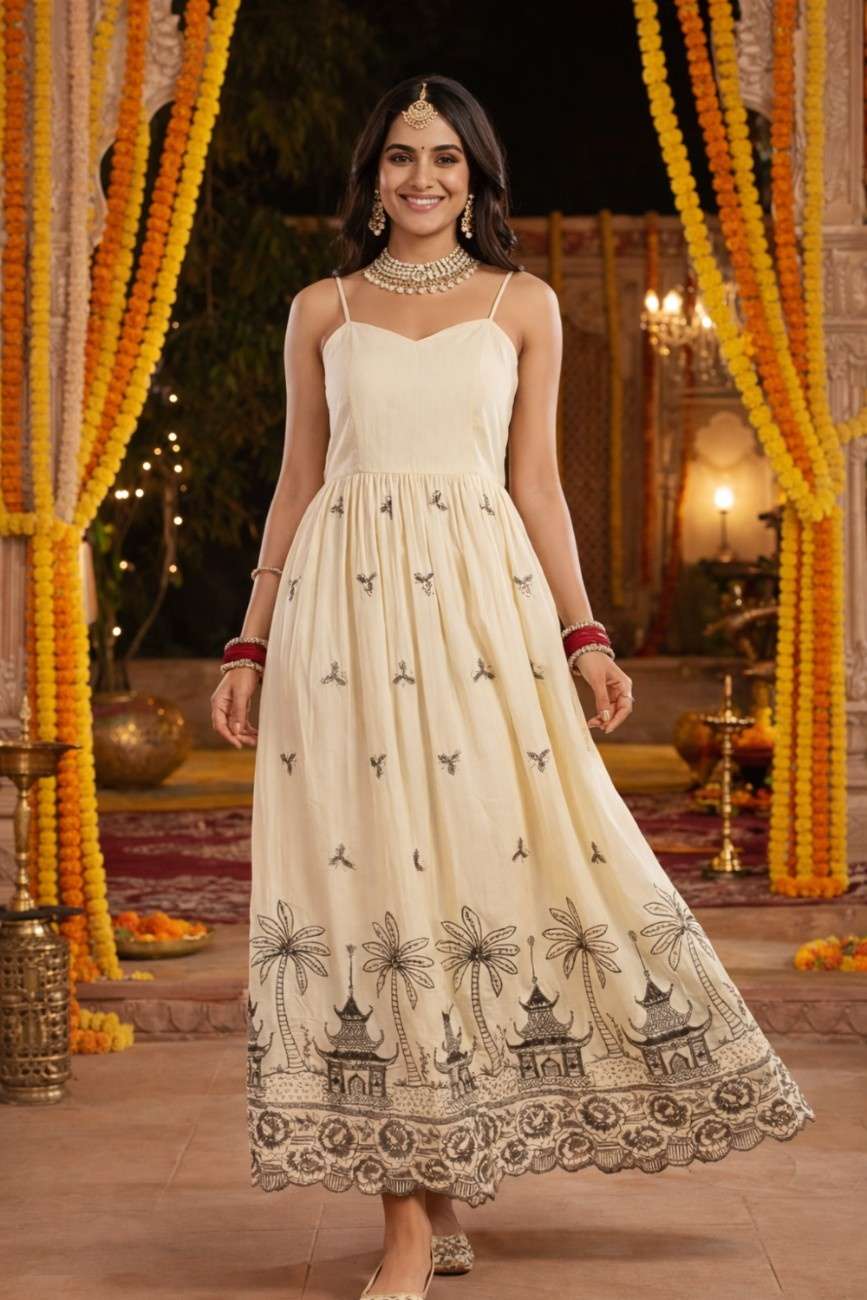 Cotton Maxi Dress with Pagoda Embroidery for  Women